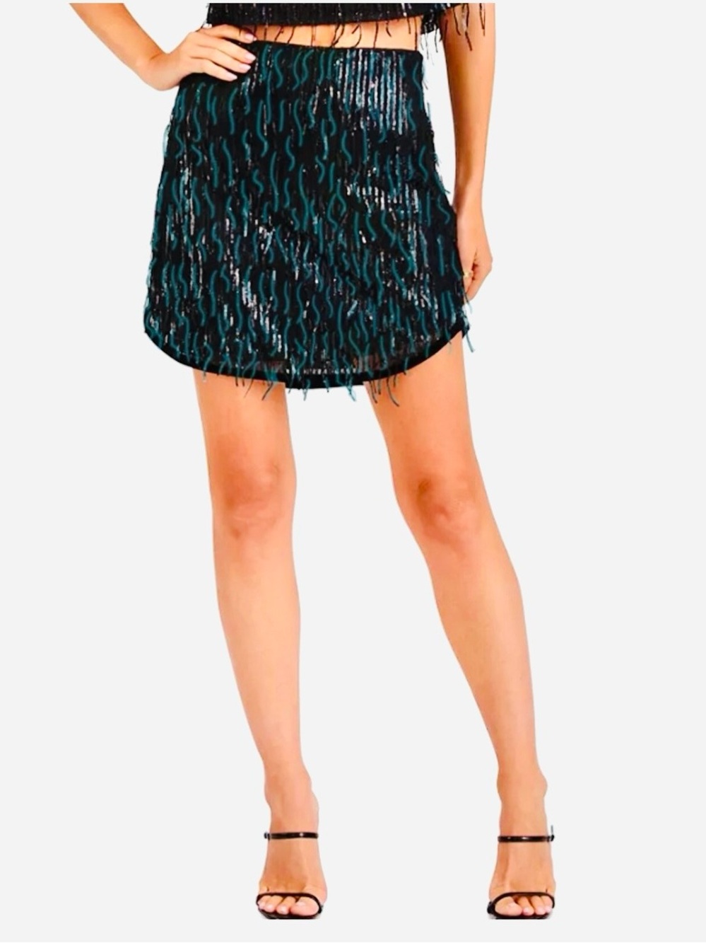 Avec Les Filles Sequin Fringe Mini Skirt in Emerald Green and Black
